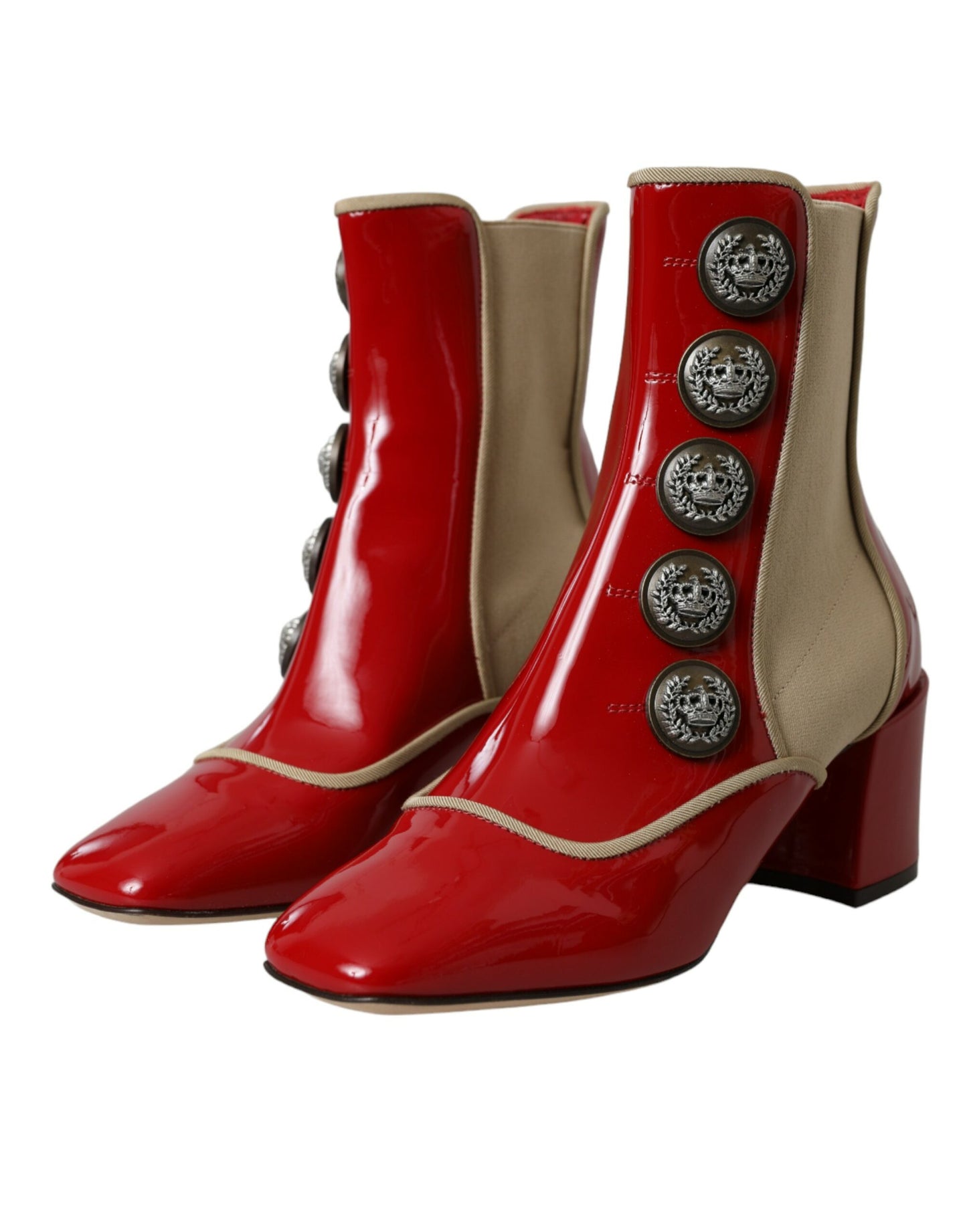 Dolce & Gabbana Red Beige Leather Embellished Mid Calf Boots Shoes Dolce & Gabbana