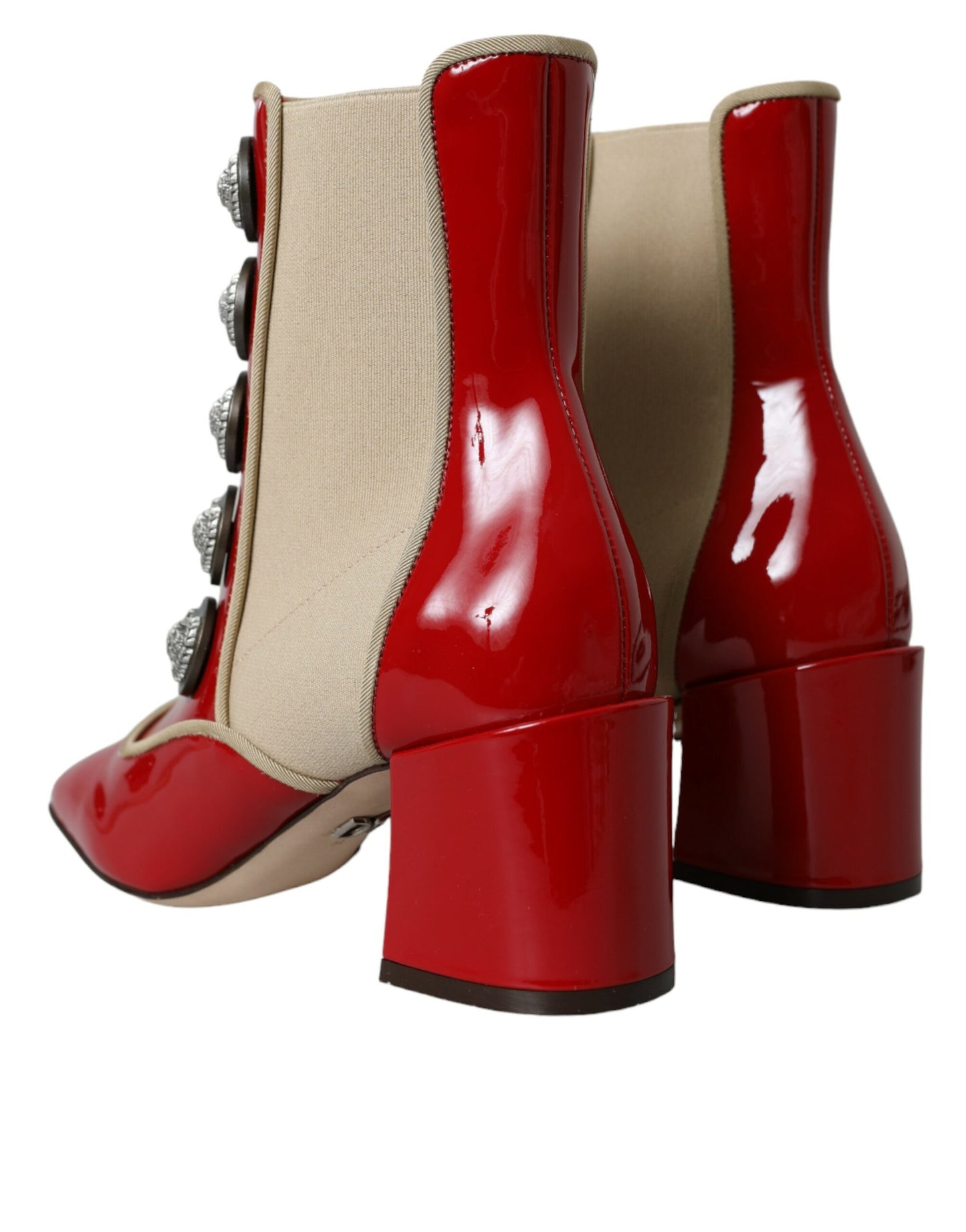 Dolce & Gabbana Red Beige Leather Embellished Mid Calf Boots Shoes Dolce & Gabbana