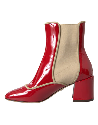 Dolce & Gabbana Red Beige Leather Embellished Mid Calf Boots Shoes Dolce & Gabbana