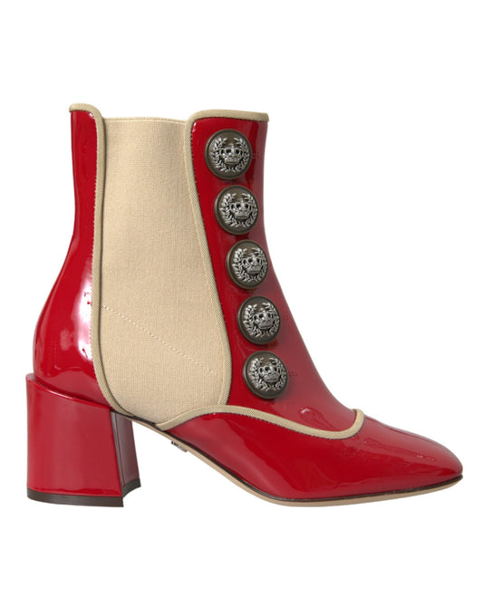 Dolce & Gabbana Red Beige Leather Embellished Mid Calf Boots Shoes Dolce & Gabbana