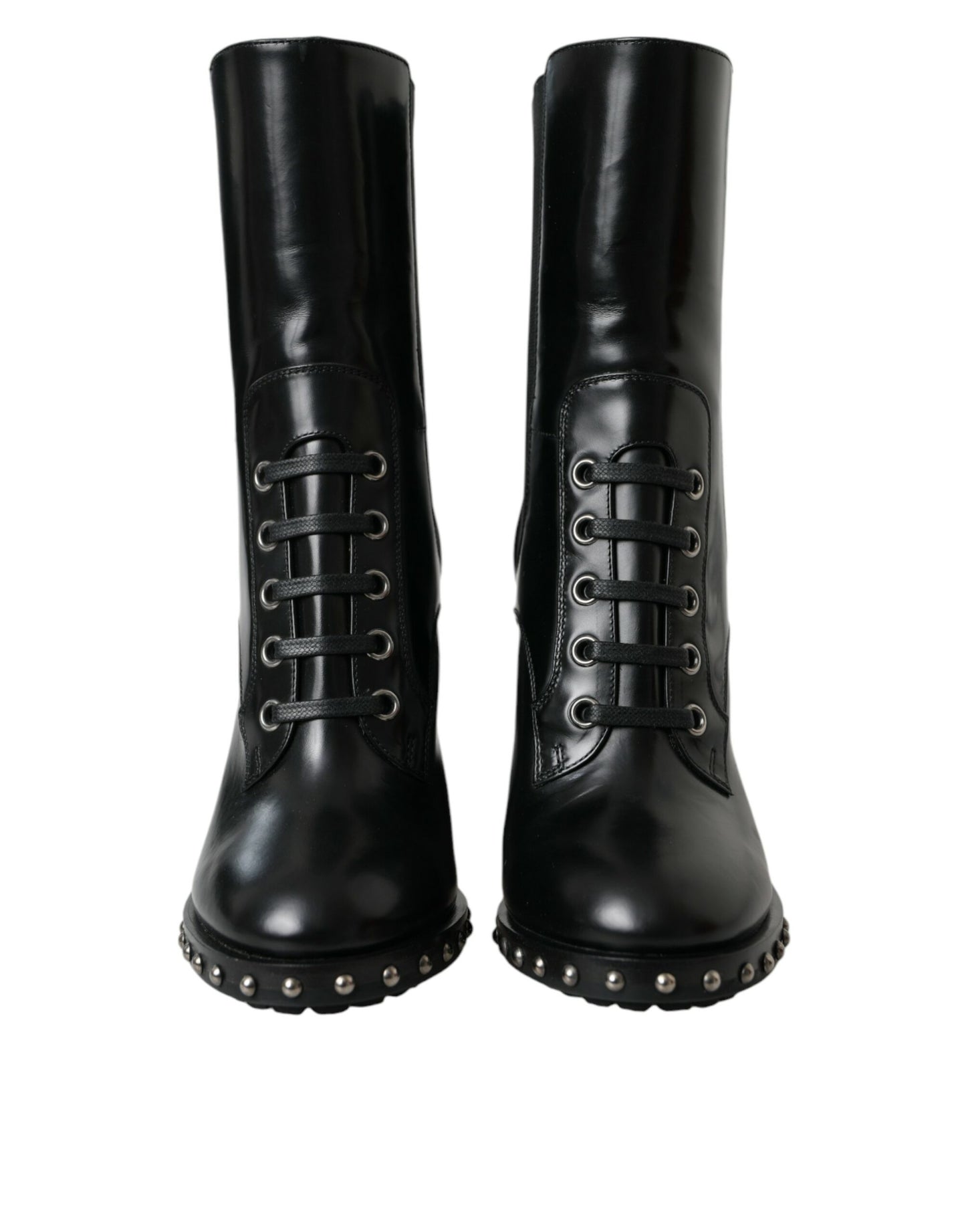 Dolce & Gabbana Black Leather Studded Lace Up Boots Shoes Dolce & Gabbana