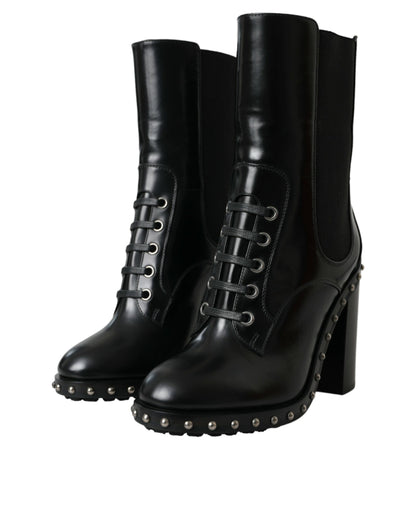 Dolce & Gabbana Black Leather Studded Lace Up Boots Shoes Dolce & Gabbana