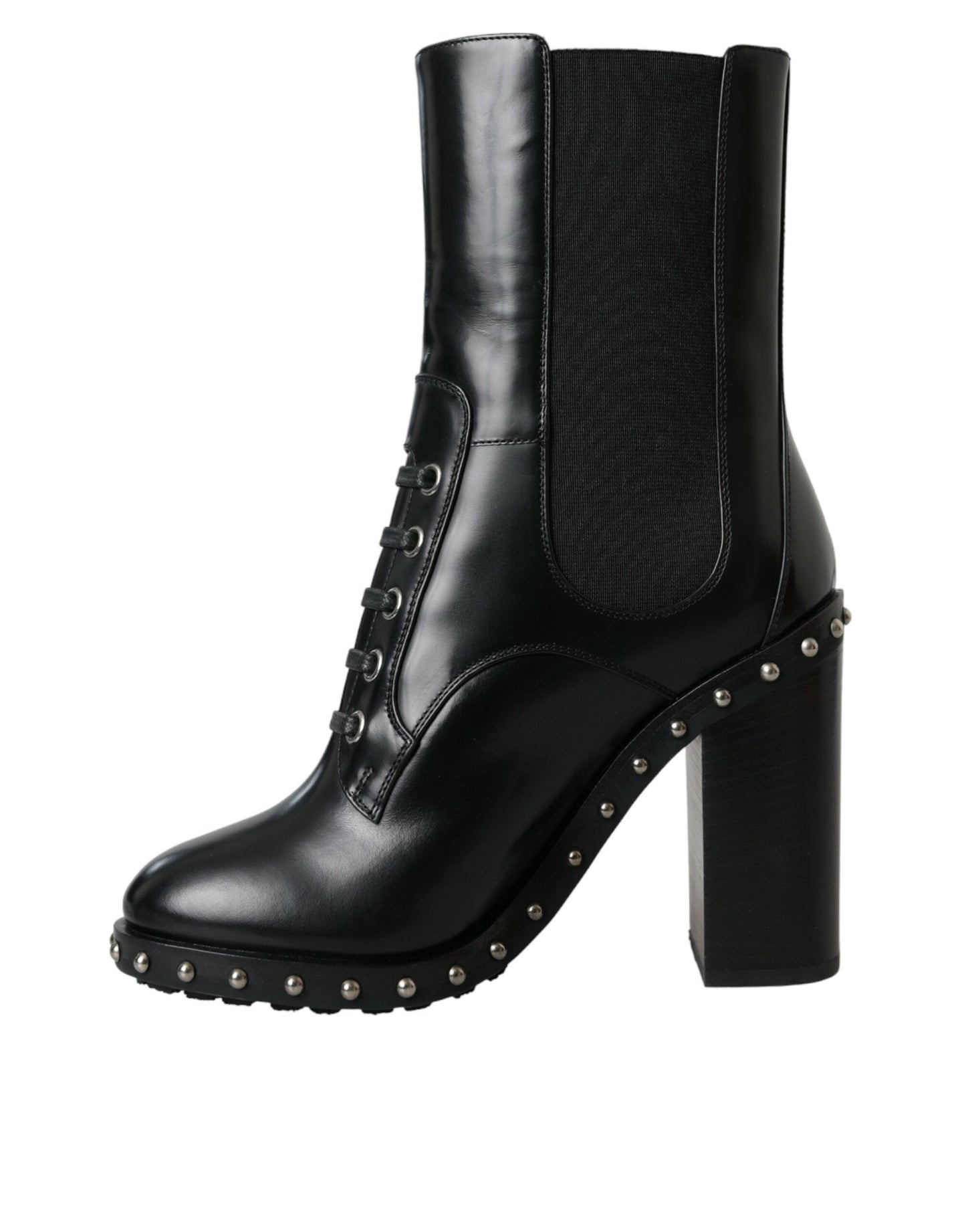 Dolce & Gabbana Black Leather Studded Lace Up Boots Shoes Dolce & Gabbana