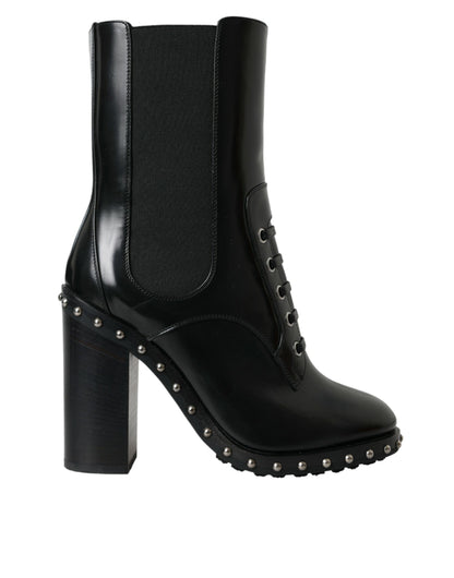 Dolce & Gabbana Black Leather Studded Lace Up Boots Shoes Dolce & Gabbana