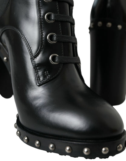 Dolce & Gabbana Black Leather Studded Lace Up Boots Shoes Dolce & Gabbana