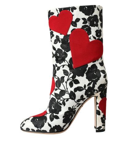 Dolce & Gabbana White Floral Hearts Leather High Boots Shoes Dolce & Gabbana