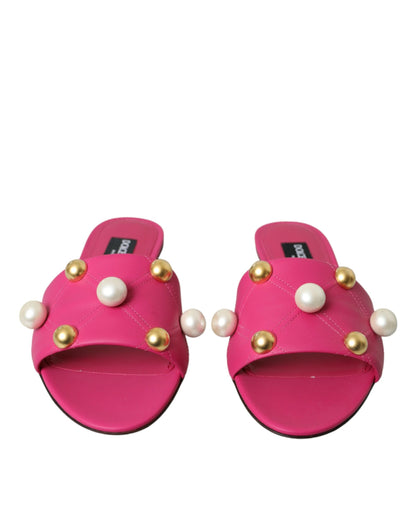 Dolce & Gabbana Pink Embellished Leather Flats Sandals Shoes Dolce & Gabbana