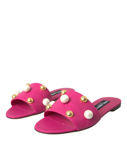 Dolce & Gabbana Pink Embellished Leather Flats Sandals Shoes Dolce & Gabbana