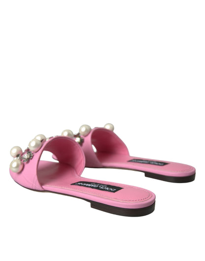 Dolce & Gabbana Pink Embellished Leather Flats Sandals Shoes Dolce & Gabbana