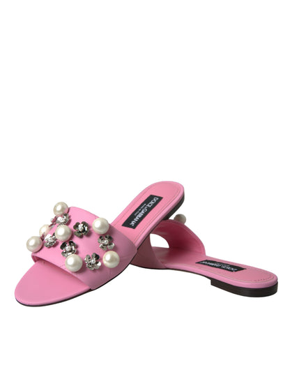 Dolce & Gabbana Pink Embellished Leather Flats Sandals Shoes Dolce & Gabbana