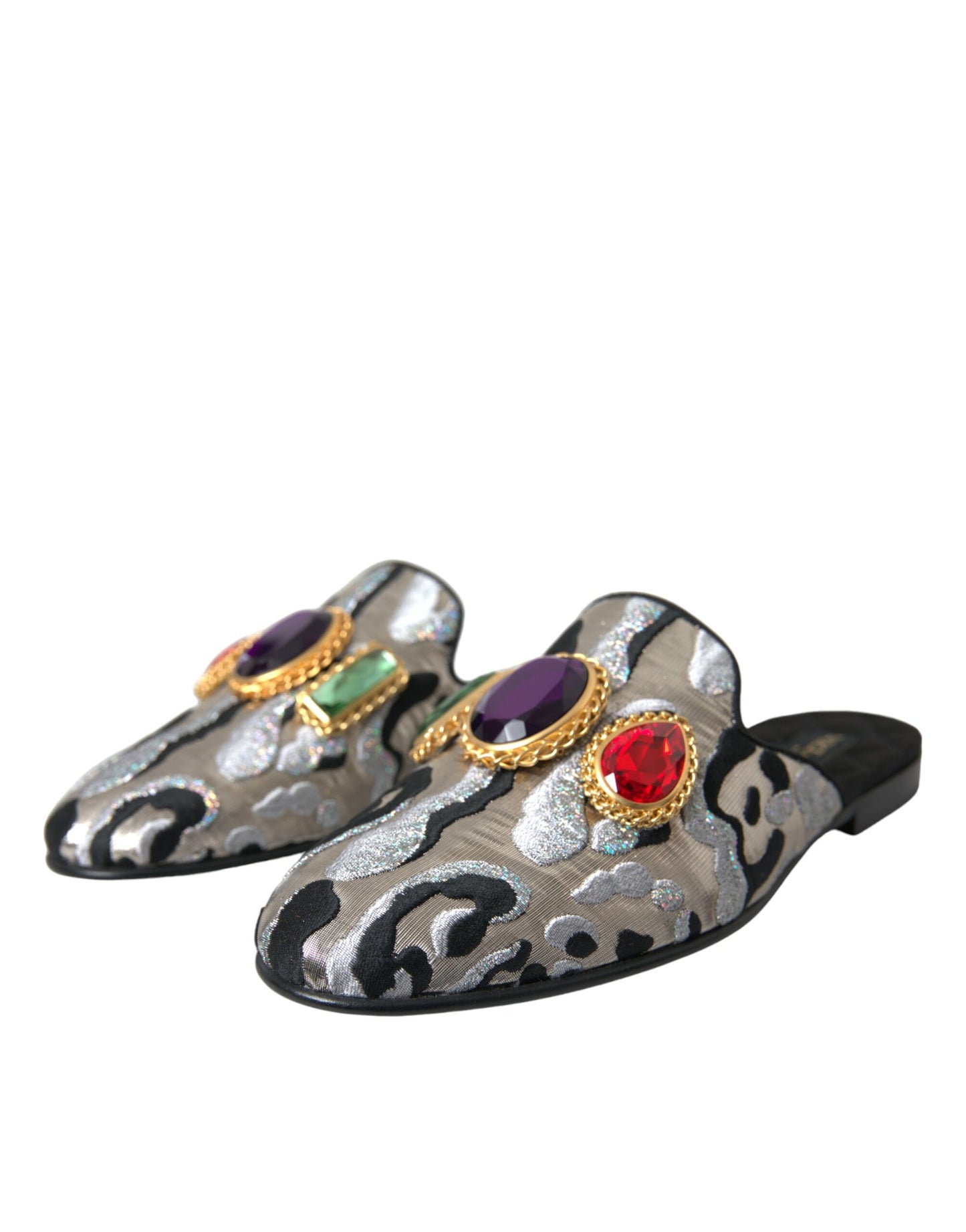 Dolce & Gabbana Gray Jacquard Crystal Mule Flat Sandals Shoes Dolce & Gabbana