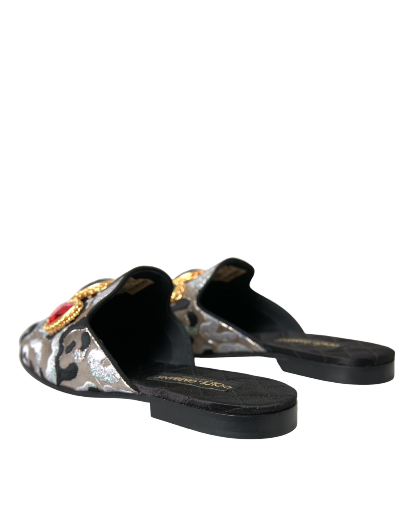 Dolce & Gabbana Gray Jacquard Crystal Mule Flat Sandals Shoes Dolce & Gabbana