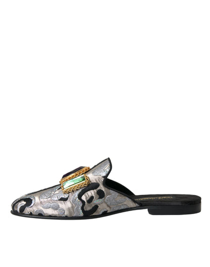 Dolce & Gabbana Gray Jacquard Crystal Mule Flat Sandals Shoes Dolce & Gabbana