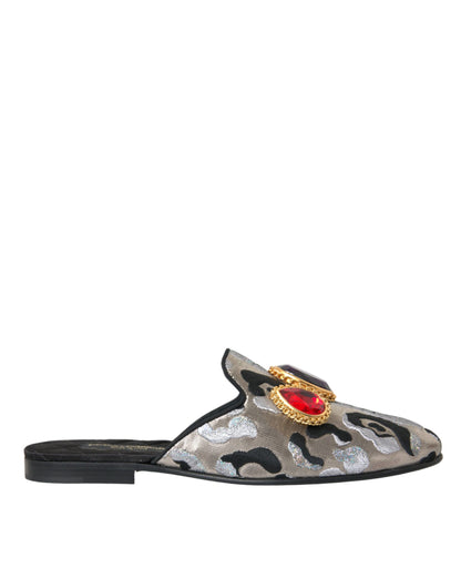 Dolce & Gabbana Gray Jacquard Crystal Mule Flat Sandals Shoes Dolce & Gabbana