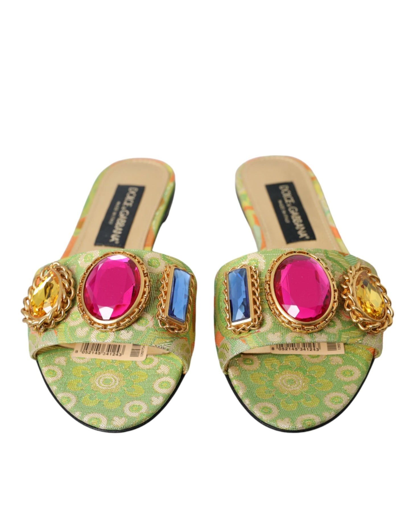 Dolce & Gabbana Green Crystal Jacquard Flats Sandals Shoes Dolce & Gabbana