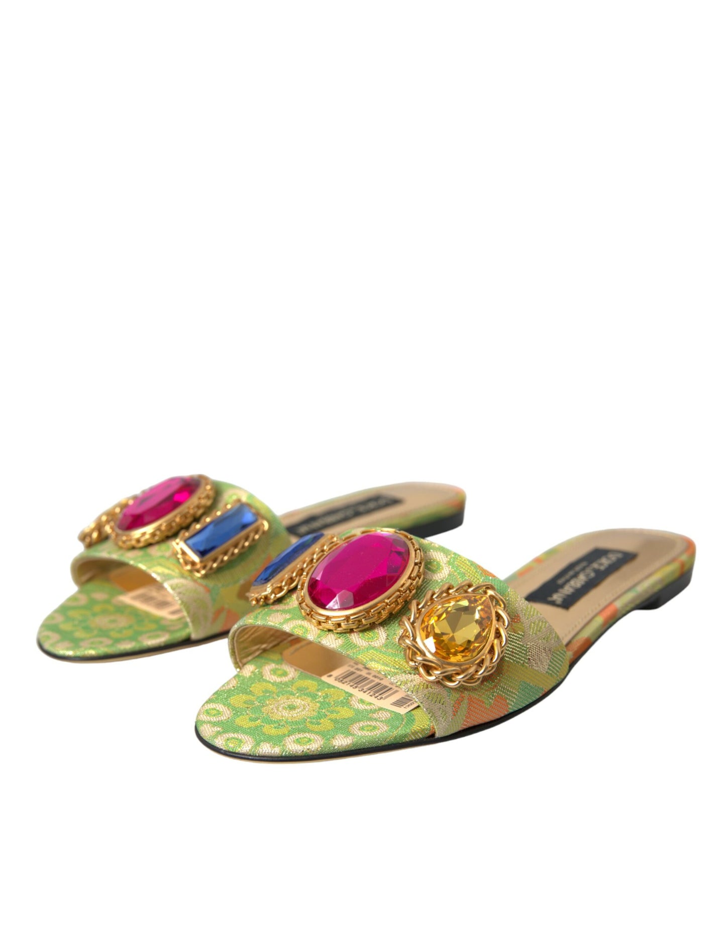 Dolce & Gabbana Green Crystal Jacquard Flats Sandals Shoes Dolce & Gabbana