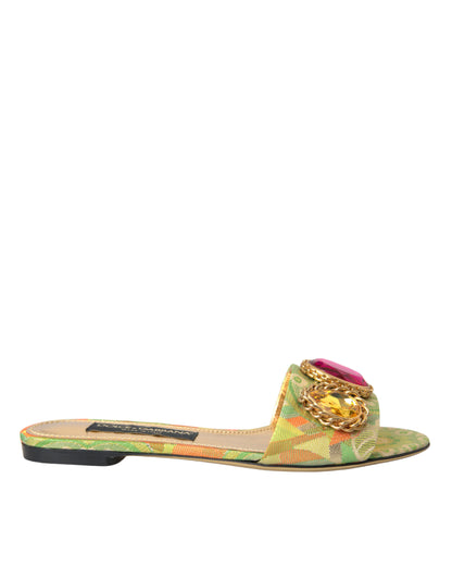 Dolce & Gabbana Green Crystal Jacquard Flats Sandals Shoes Dolce & Gabbana