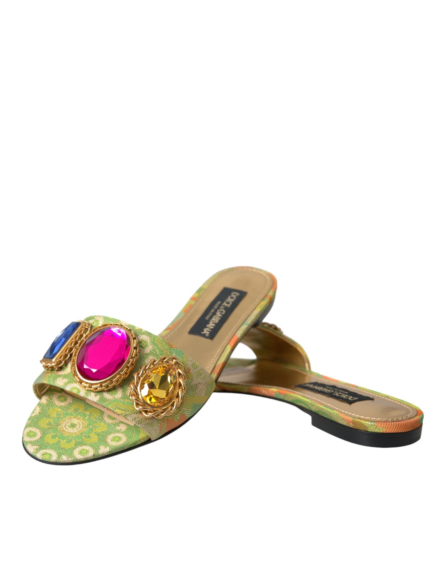 Dolce & Gabbana Green Crystal Jacquard Flats Sandals Shoes Dolce & Gabbana