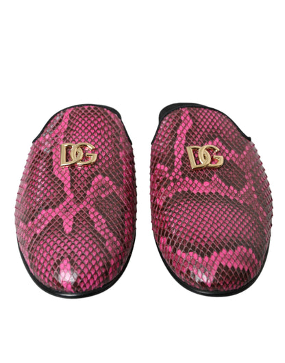 Dolce & Gabbana Fuchsia Python Logo Mule Flat Sandals Shoes Dolce & Gabbana