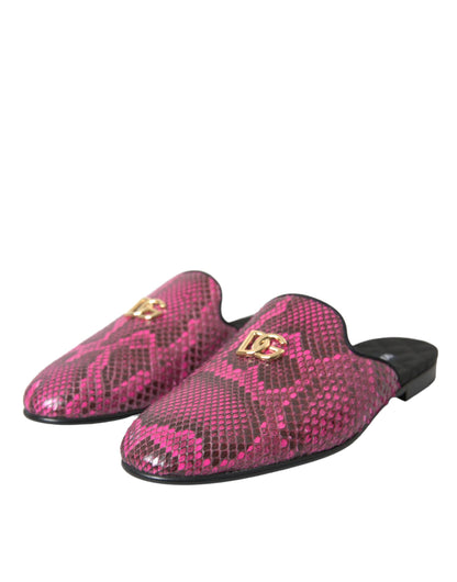 Dolce & Gabbana Fuchsia Python Logo Mule Flat Sandals Shoes Dolce & Gabbana