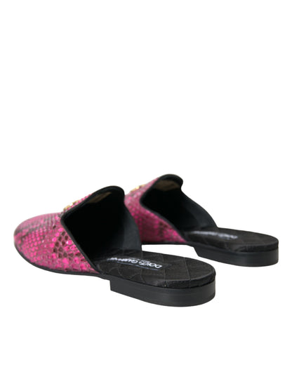 Dolce & Gabbana Fuchsia Python Logo Mule Flat Sandals Shoes Dolce & Gabbana