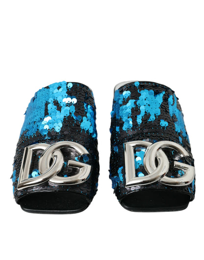 Dolce & Gabbana Blue Sequin Logo Slides Sandals Shoes Dolce & Gabbana