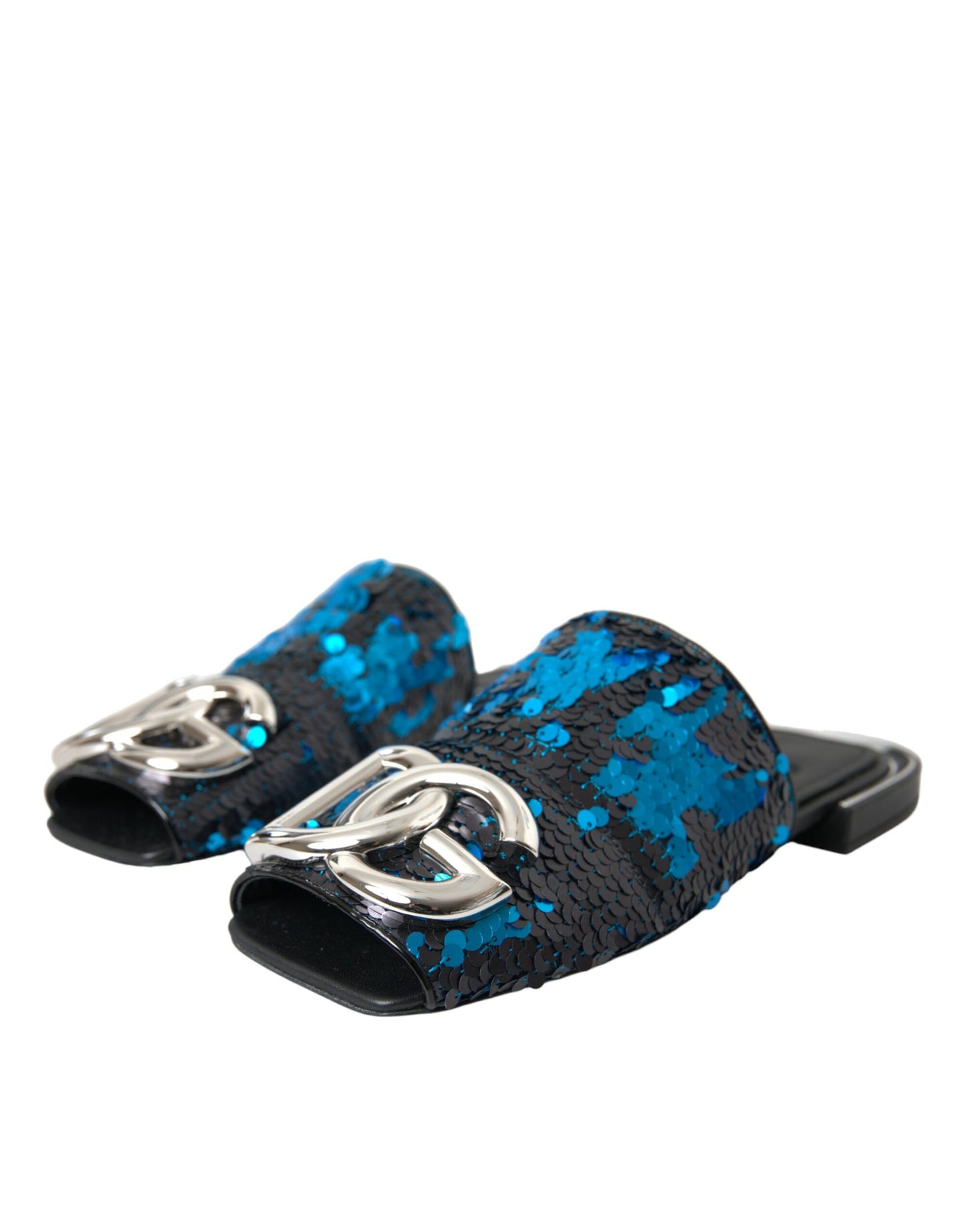 Dolce & Gabbana Blue Sequin Logo Slides Sandals Shoes Dolce & Gabbana