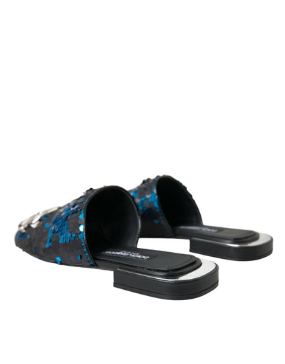 Dolce & Gabbana Blue Sequin Logo Slides Sandals Shoes Dolce & Gabbana