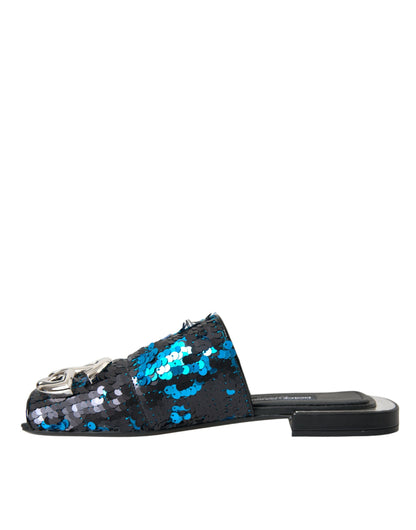 Dolce & Gabbana Blue Sequin Logo Slides Sandals Shoes Dolce & Gabbana