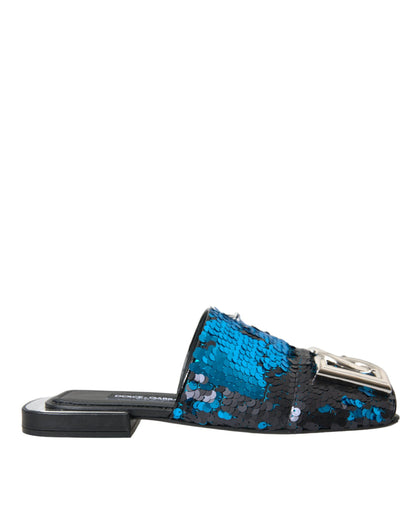 Dolce & Gabbana Blue Sequin Logo Slides Sandals Shoes Dolce & Gabbana