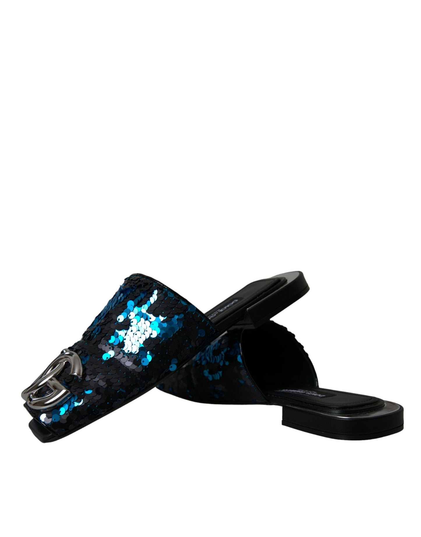 Dolce & Gabbana Blue Sequin Logo Slides Sandals Shoes Dolce & Gabbana