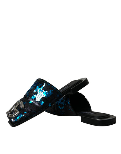 Dolce & Gabbana Blue Sequin Logo Slides Sandals Shoes Dolce & Gabbana