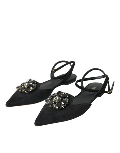 Dolce & Gabbana Black Leather Crystal Slingback Sandals Shoes Dolce & Gabbana