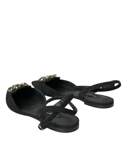 Dolce & Gabbana Black Leather Crystal Slingback Sandals Shoes Dolce & Gabbana