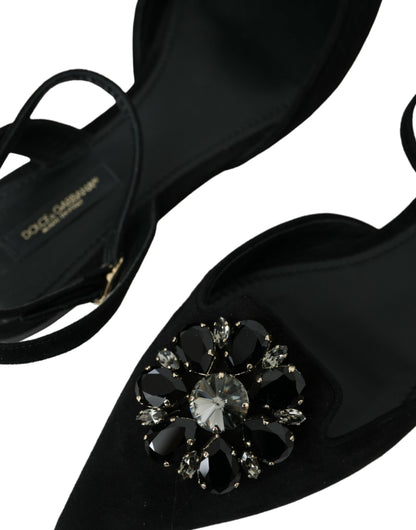 Dolce & Gabbana Black Leather Crystal Slingback Sandals Shoes Dolce & Gabbana