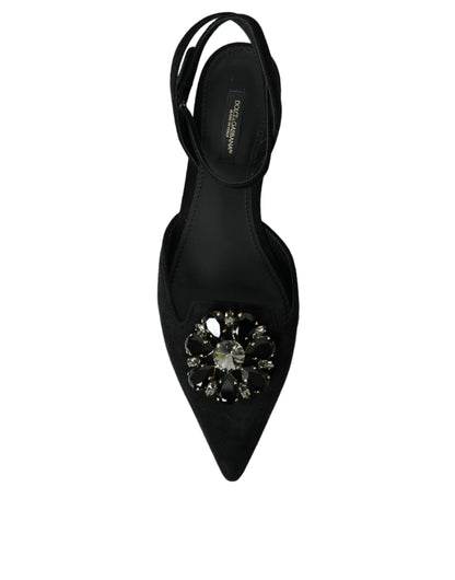 Dolce & Gabbana Black Leather Crystal Slingback Sandals Shoes Dolce & Gabbana