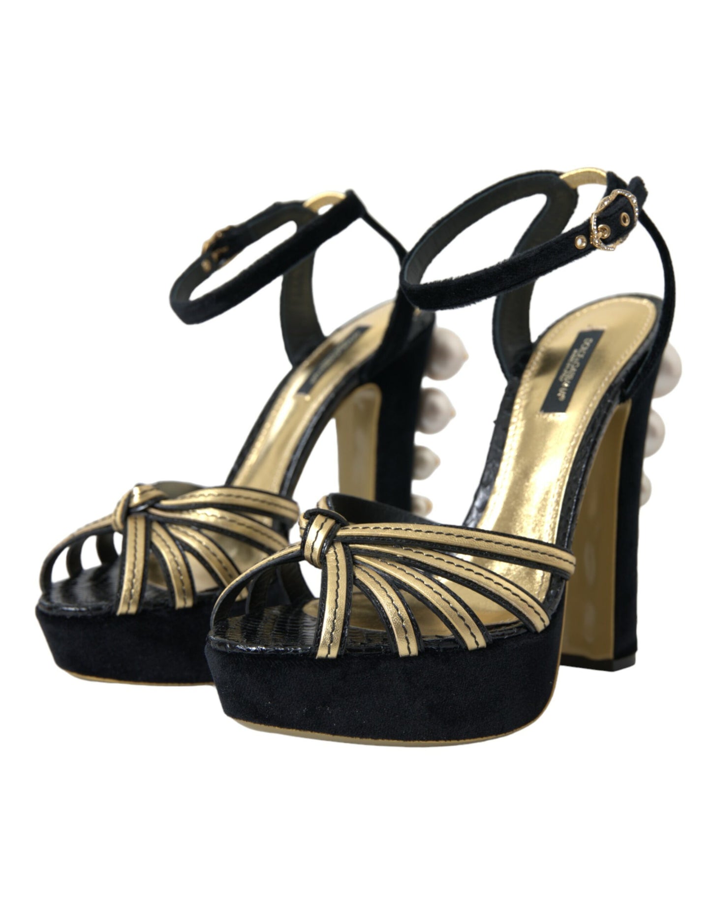 Dolce & Gabbana Black Gold Embellished Heels Sandals Shoes Dolce & Gabbana