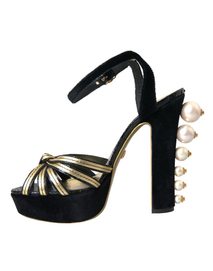 Dolce & Gabbana Black Gold Embellished Heels Sandals Shoes Dolce & Gabbana