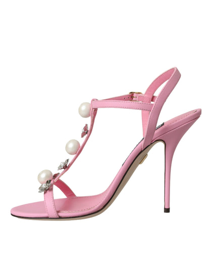 Dolce & Gabbana Pink Leather Embellished Heels Sandals Shoes Dolce & Gabbana