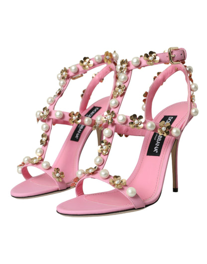 Dolce & Gabbana Pink Leather Embellished Heels Sandals Shoes Dolce & Gabbana