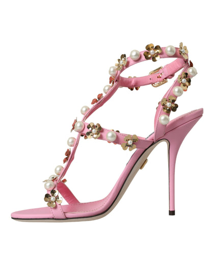 Dolce & Gabbana Pink Leather Embellished Heels Sandals Shoes Dolce & Gabbana