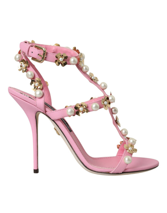 Dolce & Gabbana Pink Leather Embellished Heels Sandals Shoes Dolce & Gabbana