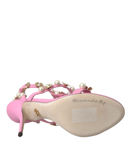 Dolce & Gabbana Pink Leather Embellished Heels Sandals Shoes Dolce & Gabbana