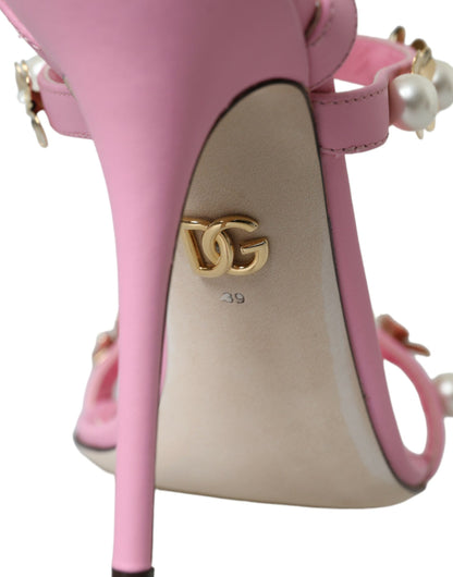 Dolce & Gabbana Pink Leather Embellished Heels Sandals Shoes Dolce & Gabbana