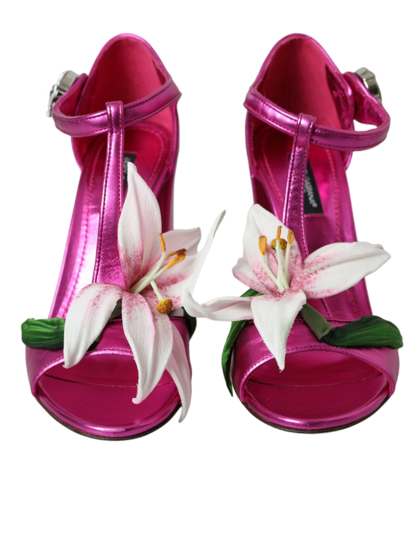 Dolce & Gabbana Pink Leather Crystals Floral Sandals Shoes Dolce & Gabbana