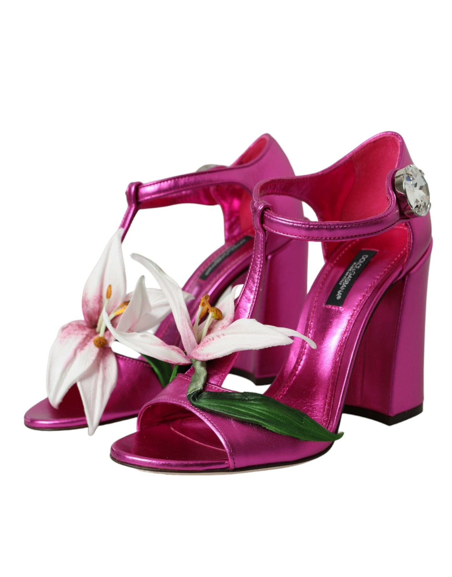 Dolce & Gabbana Pink Leather Crystals Floral Sandals Shoes Dolce & Gabbana