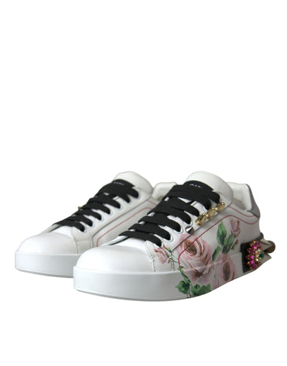 Dolce & Gabbana White Leather Crystal Roses Floral Sneakers Shoes Dolce & Gabbana