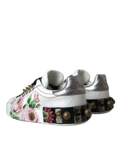 Dolce & Gabbana White Leather Crystal Roses Floral Sneakers Shoes Dolce & Gabbana