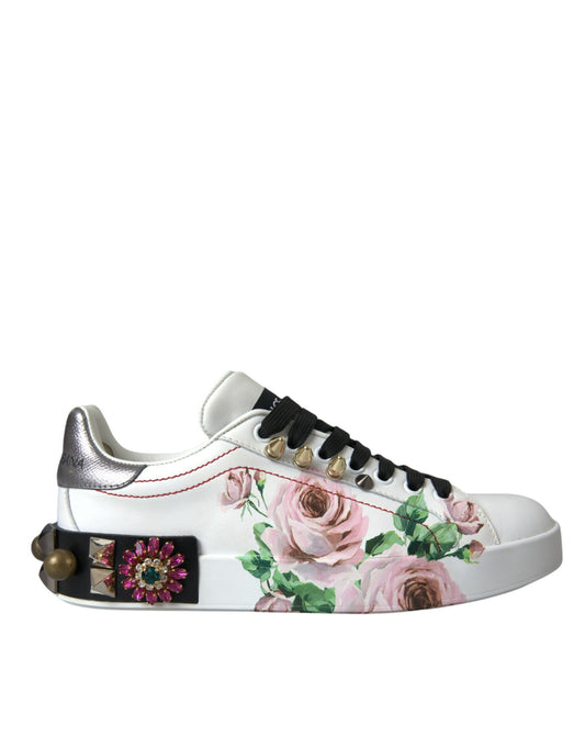 Dolce & Gabbana White Leather Crystal Roses Floral Sneakers Shoes Dolce & Gabbana