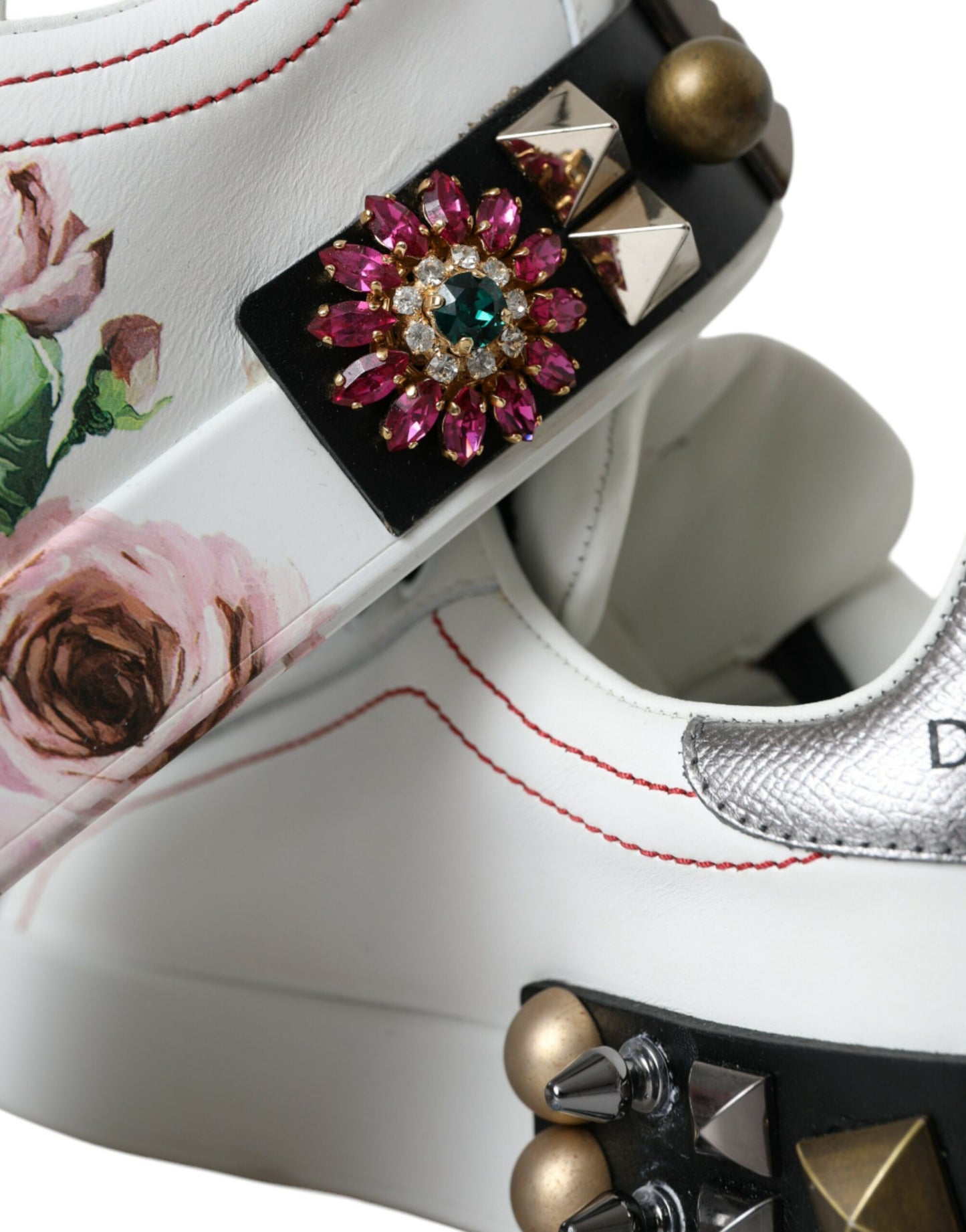 Dolce & Gabbana White Leather Crystal Roses Floral Sneakers Shoes Dolce & Gabbana